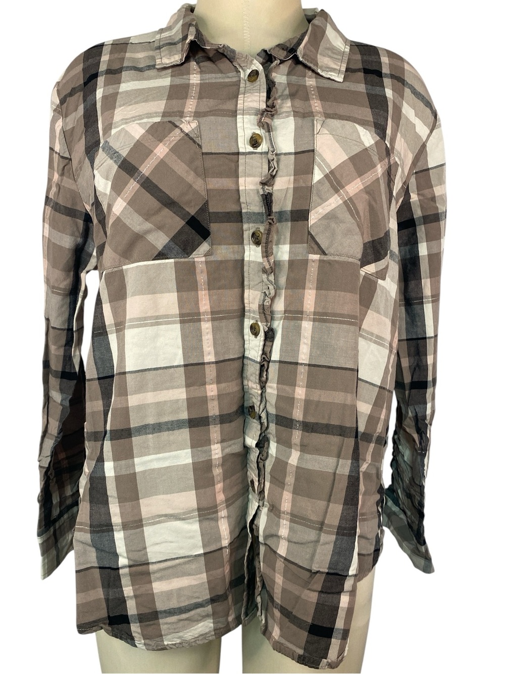 Shyanne Plaid Button-Up Shirt - Taupe/Brown Women’s Large